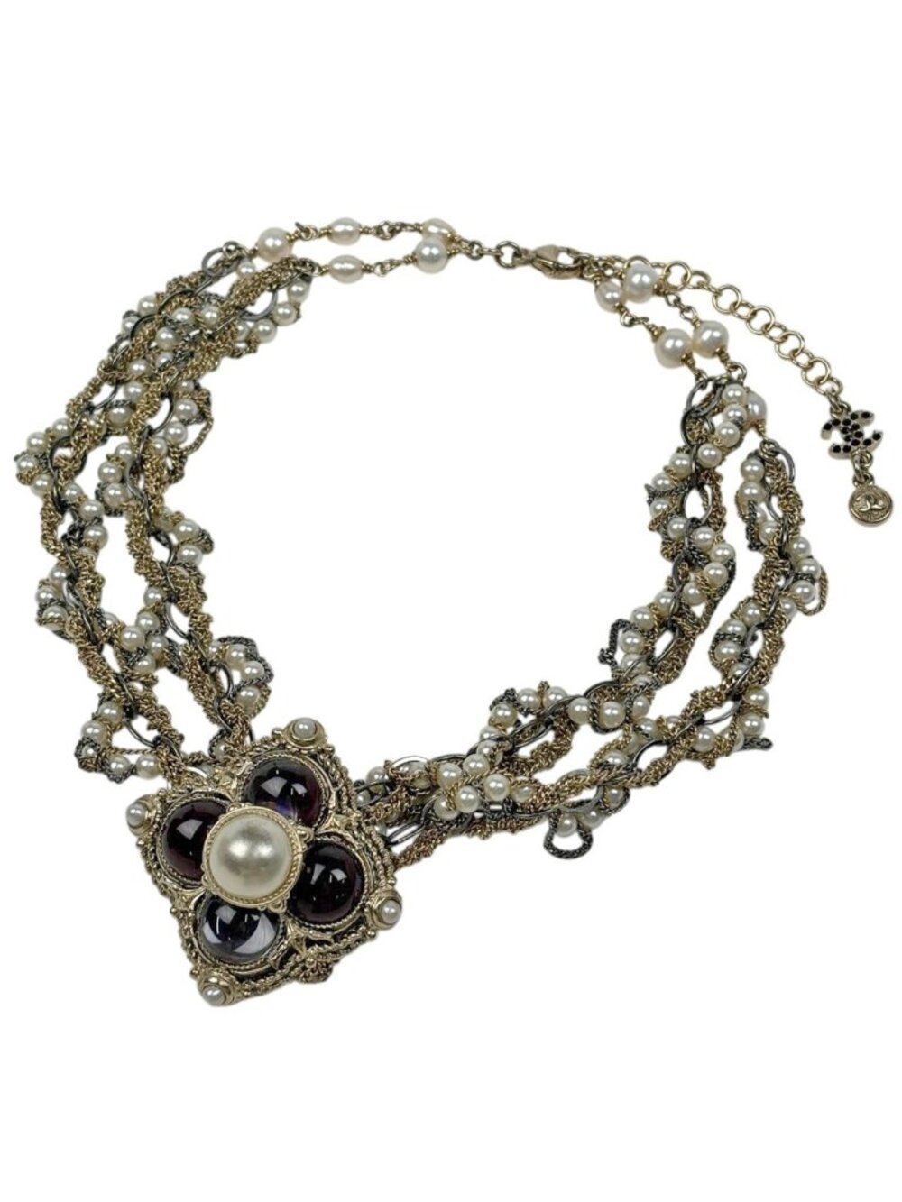 Chanel Necklace CC Logo Faux Pearl Rhinestone Gold